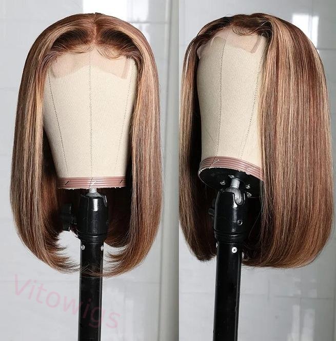 Straight Bob Wig Brown Mixed Blonde Highlights Wig