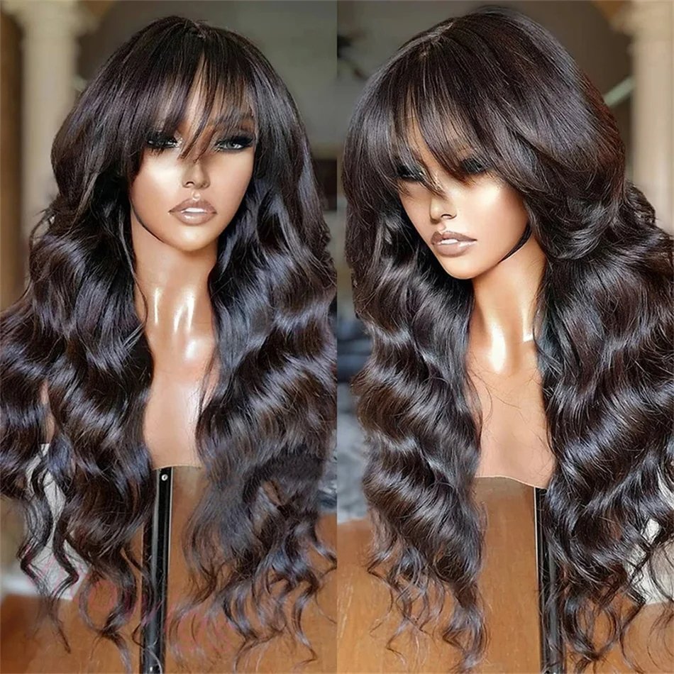 Glueless Black Long Hair Loose Deep Wave Wigs with Bangs