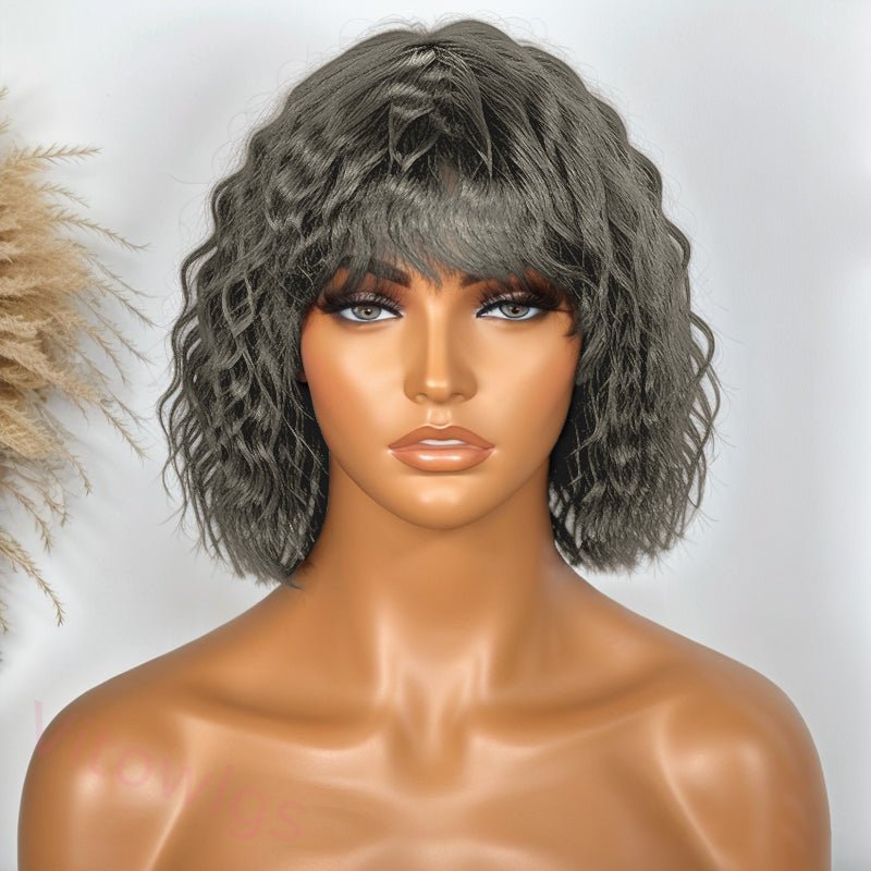 Salt and Pepper Curly Hair Wig With Bangs Glueless Wigs