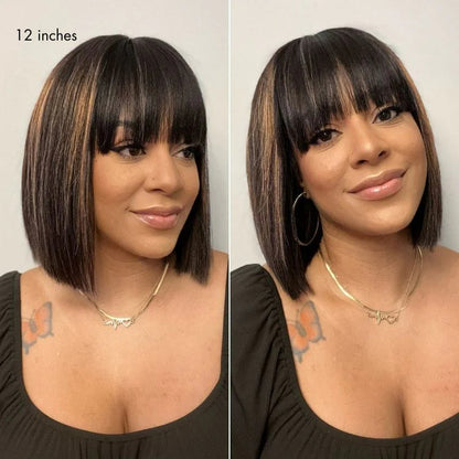 Glueless Brazilian Hightlight Brown Straight Hair BOB Wigs With Bangs