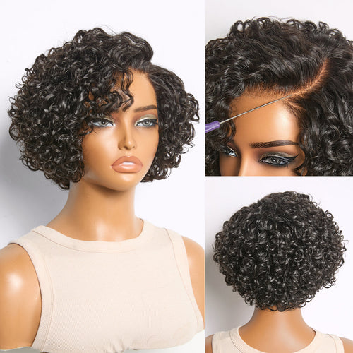 ✨ Glueless Water Wave Pixie Wig – HD Lace Short Curly Wig in Natural Black / Brown Highlight