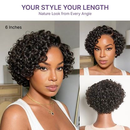 ✨ Glueless Water Wave Pixie Wig – HD Lace Short Curly Wig in Natural Black / Brown Highlight