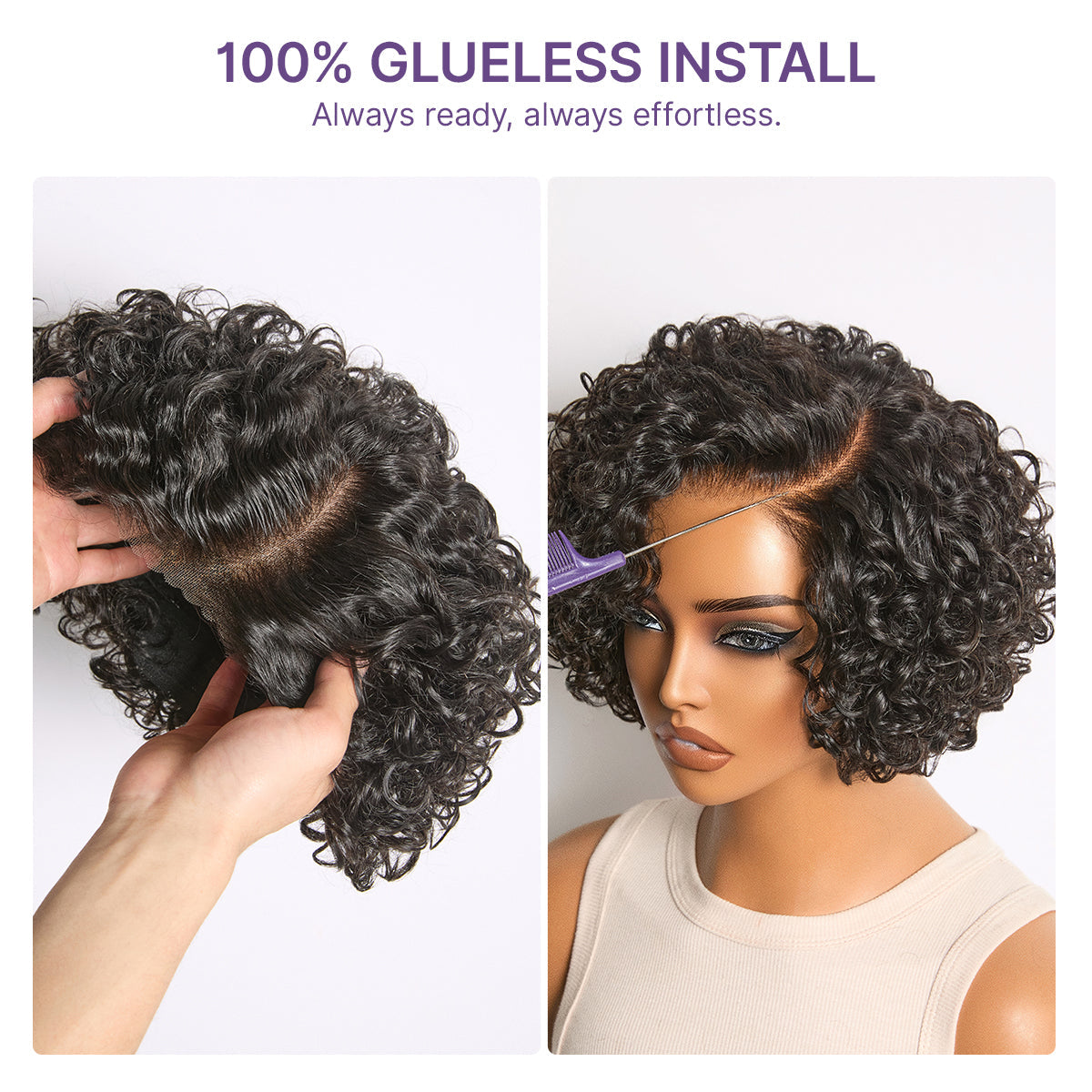 ✨ Glueless Water Wave Pixie Wig – HD Lace Short Curly Wig in Natural Black / Brown Highlight