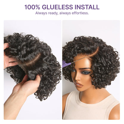 ✨ Glueless Water Wave Pixie Wig – HD Lace Short Curly Wig in Natural Black / Brown Highlight