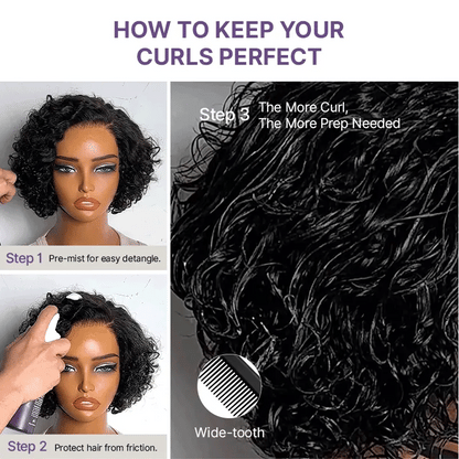 ✨ Glueless Water Wave Pixie Wig – HD Lace Short Curly Wig in Natural Black / Brown Highlight