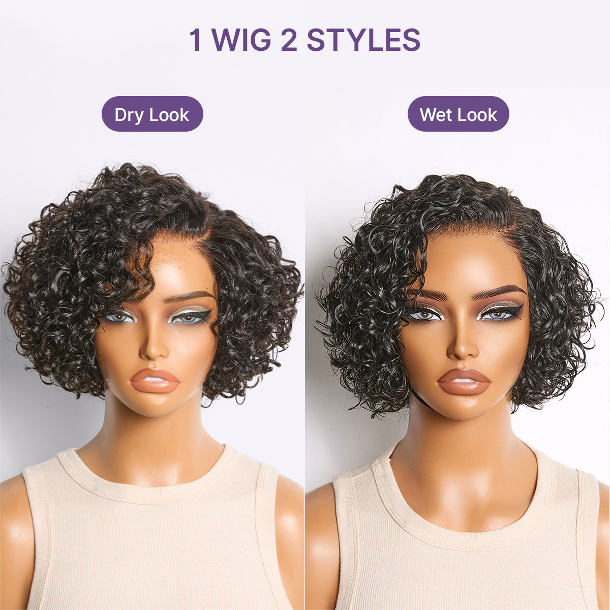 ✨ Glueless Water Wave Pixie Wig – HD Lace Short Curly Wig in Natural Black / Brown Highlight