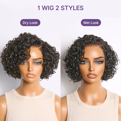 ✨ Glueless Water Wave Pixie Wig – HD Lace Short Curly Wig in Natural Black / Brown Highlight