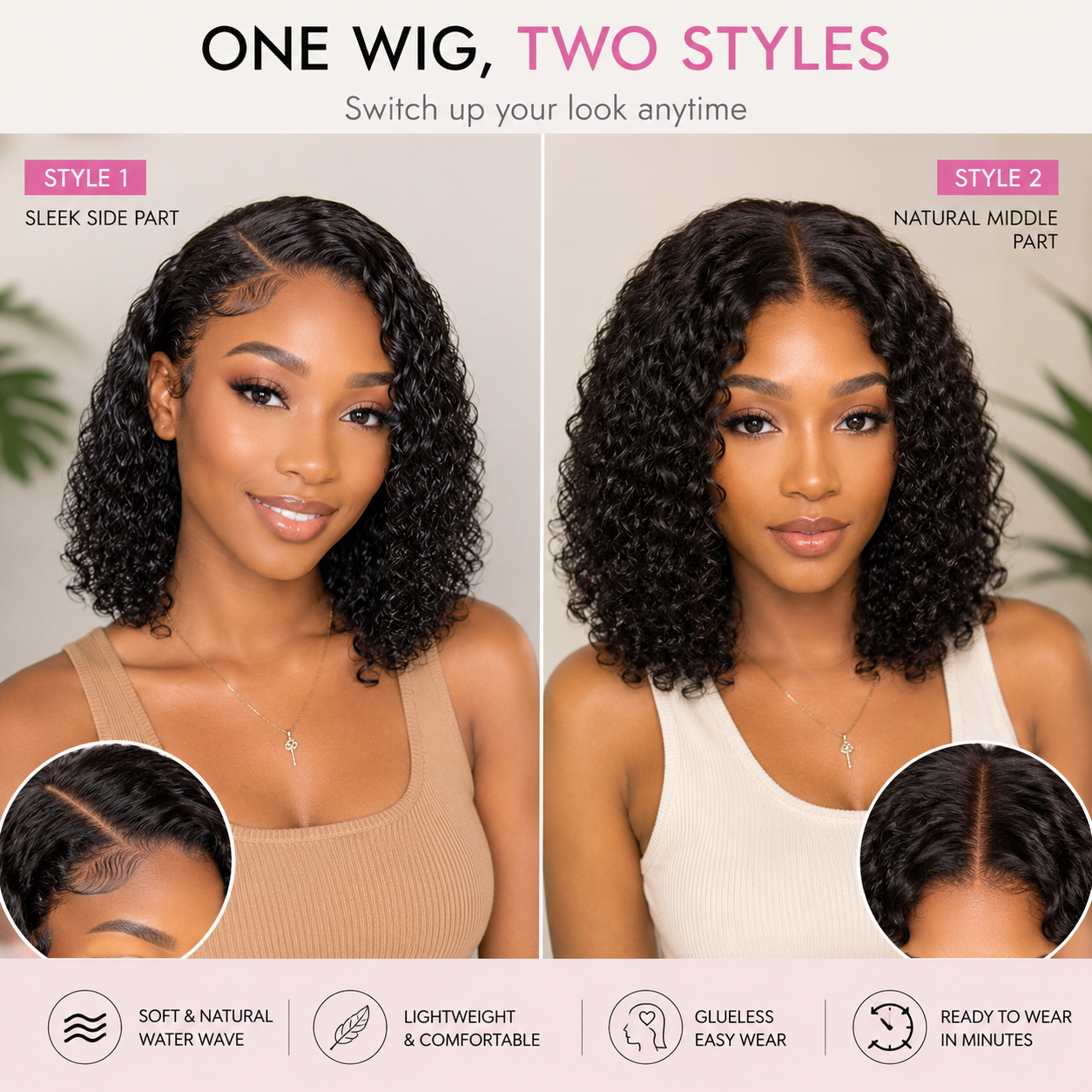 Water Wave Glueless Human Hair Wig – Pre-Cut 5x5 Lace Side Part