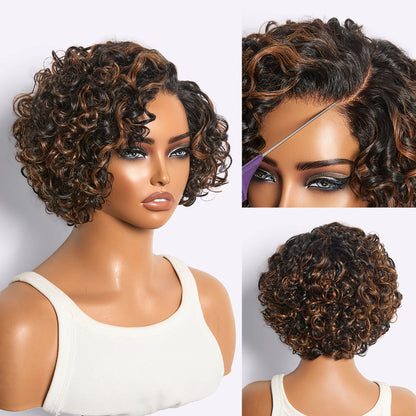 ✨ Glueless Water Wave Pixie Wig – HD Lace Short Curly Wig in Natural Black / Brown Highlight