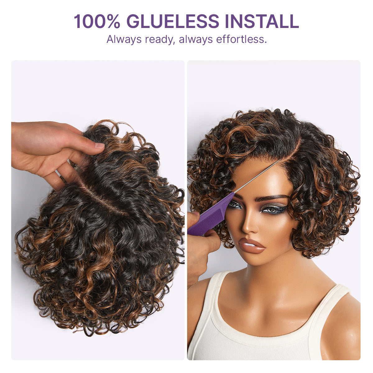 ✨ Glueless Water Wave Pixie Wig – HD Lace Short Curly Wig in Natural Black / Brown Highlight