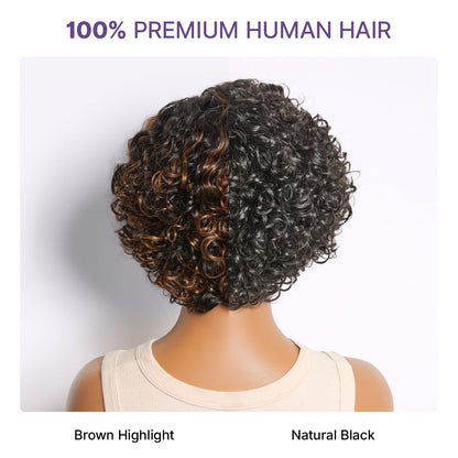 ✨ Glueless Water Wave Pixie Wig – HD Lace Short Curly Wig in Natural Black / Brown Highlight