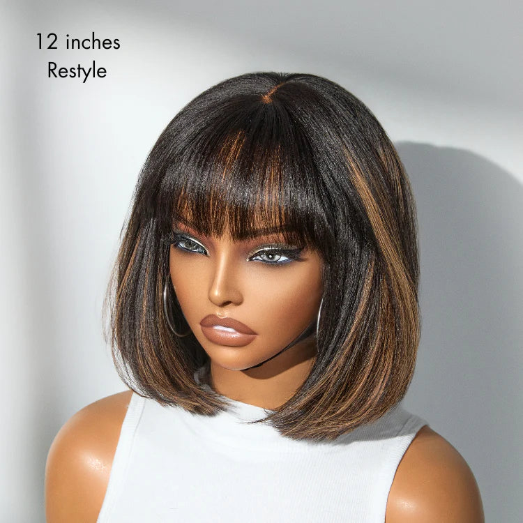 Glueless Brazilian Hightlight Brown Straight Hair BOB Wigs With Bangs