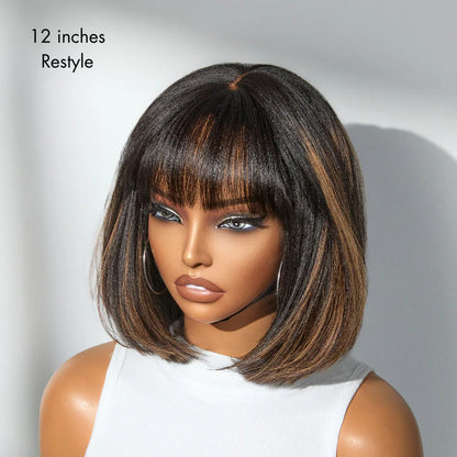 Glueless Brazilian Hightlight Brown Straight Hair BOB Wigs With Bangs