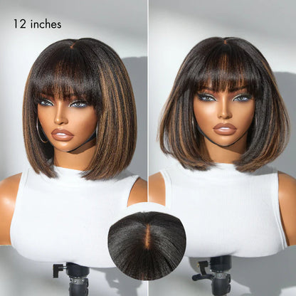 Glueless Brazilian Hightlight Brown Straight Hair BOB Wigs With Bangs