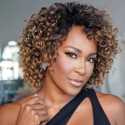 New Glueless Ombre Golden Curly  Hair Wig With Bangs
