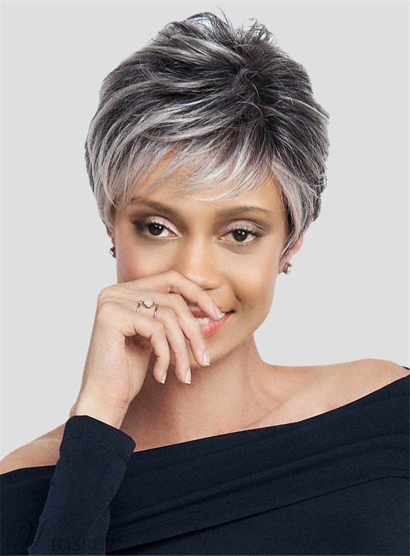 Glueless Salt and Pepper Short Straight Bob Pixe Cut Wig