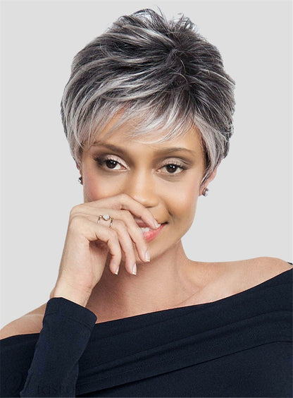 Glueless Salt and Pepper Short Straight Bob Pixe Cut Wig