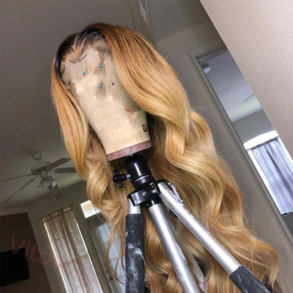 Glueless Black Gradient Gold Long Wave Wigs