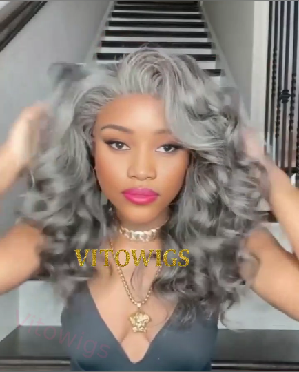 New Salt & Pepper Glueless Nature Beautiful Loose Wave Long Wig