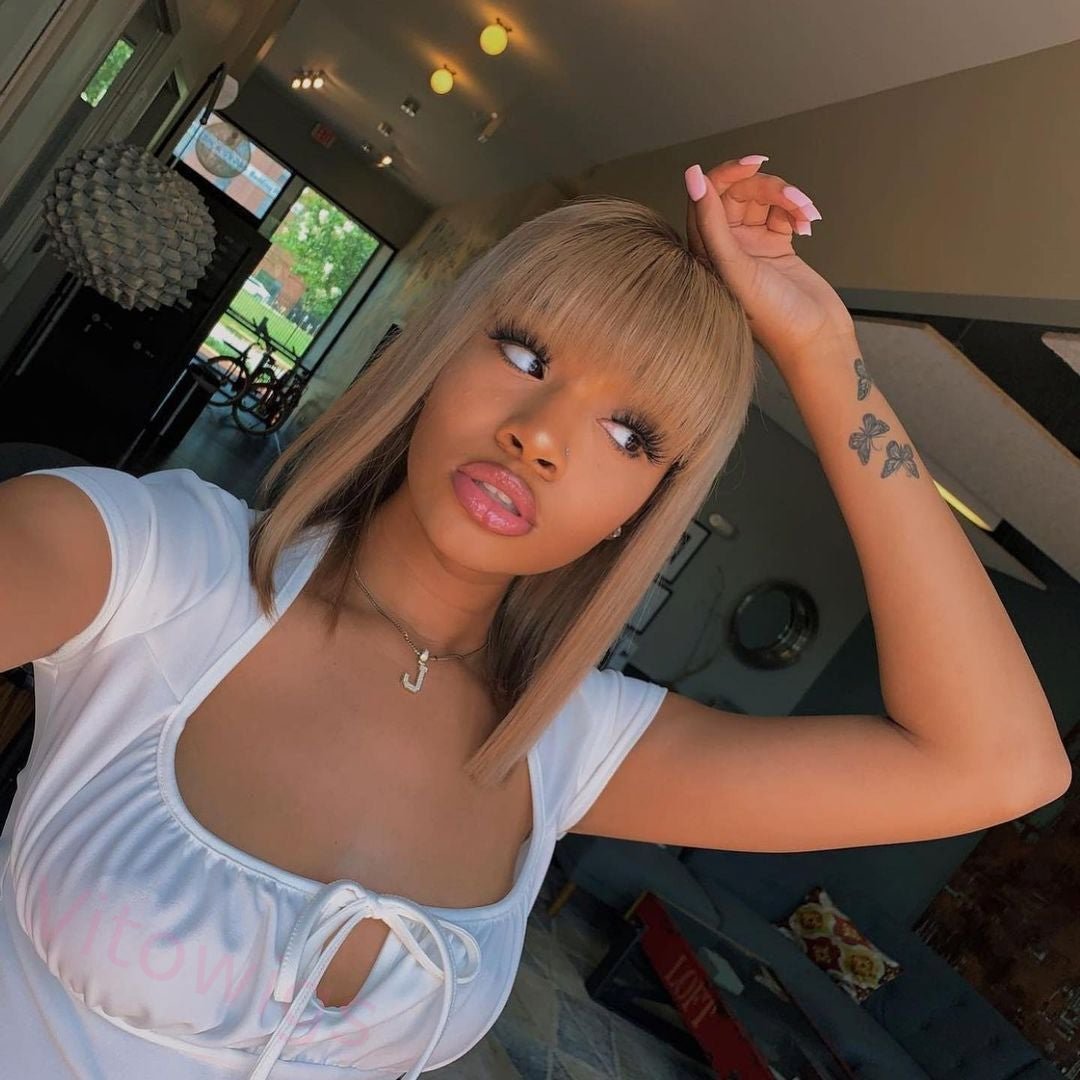 Short Straight Wig Light Brown Bob Wig With Bangs