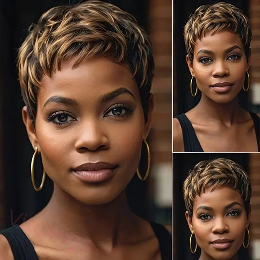 Glueless Black Gold Short Straight Bob Pixe Cut Hair