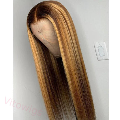 Brown Mixed Gold Highlight Straight Wigs