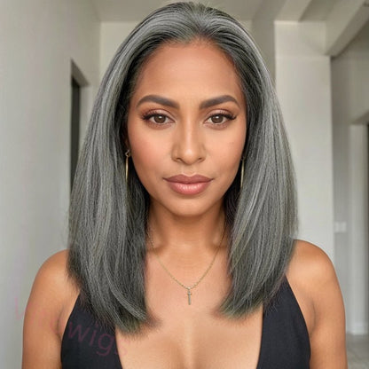 Salt & Pepper Kinky Straight Bob Wig