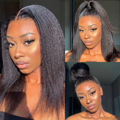Glueless Kinky Yaki Straight Brazilian Black Long Wigs
