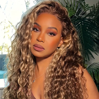 Hightlight Brown Mixed Blonde Brazilian Water Wave Long Hair Curly Wig