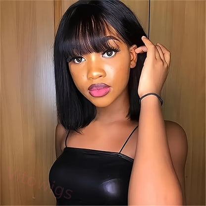 New Glueless Short Bob Wig With Bangs Straight Hair Wigs