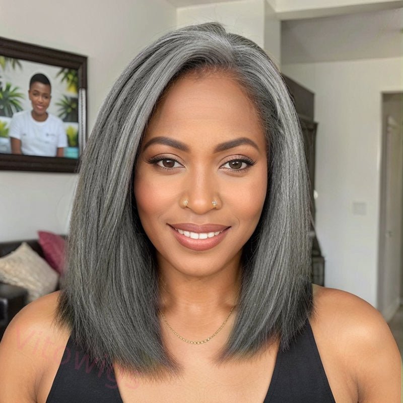Salt & Pepper Kinky Straight Bob Wig