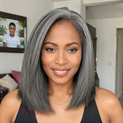 Salt & Pepper Kinky Straight Bob Wig