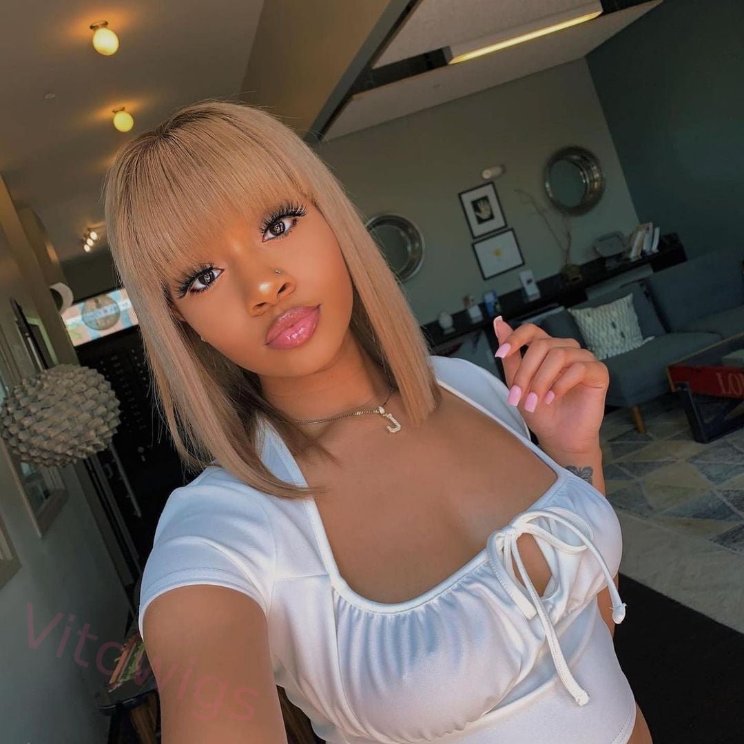 Short Straight Wig Light Brown Bob Wig With Bangs