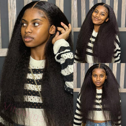 Glueless Kinky Yaki Straight Brazilian Black Long Wigs