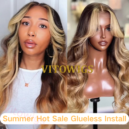 Glueless Highlight Brown Mixed Gold Long Body Wavy Hair Wig