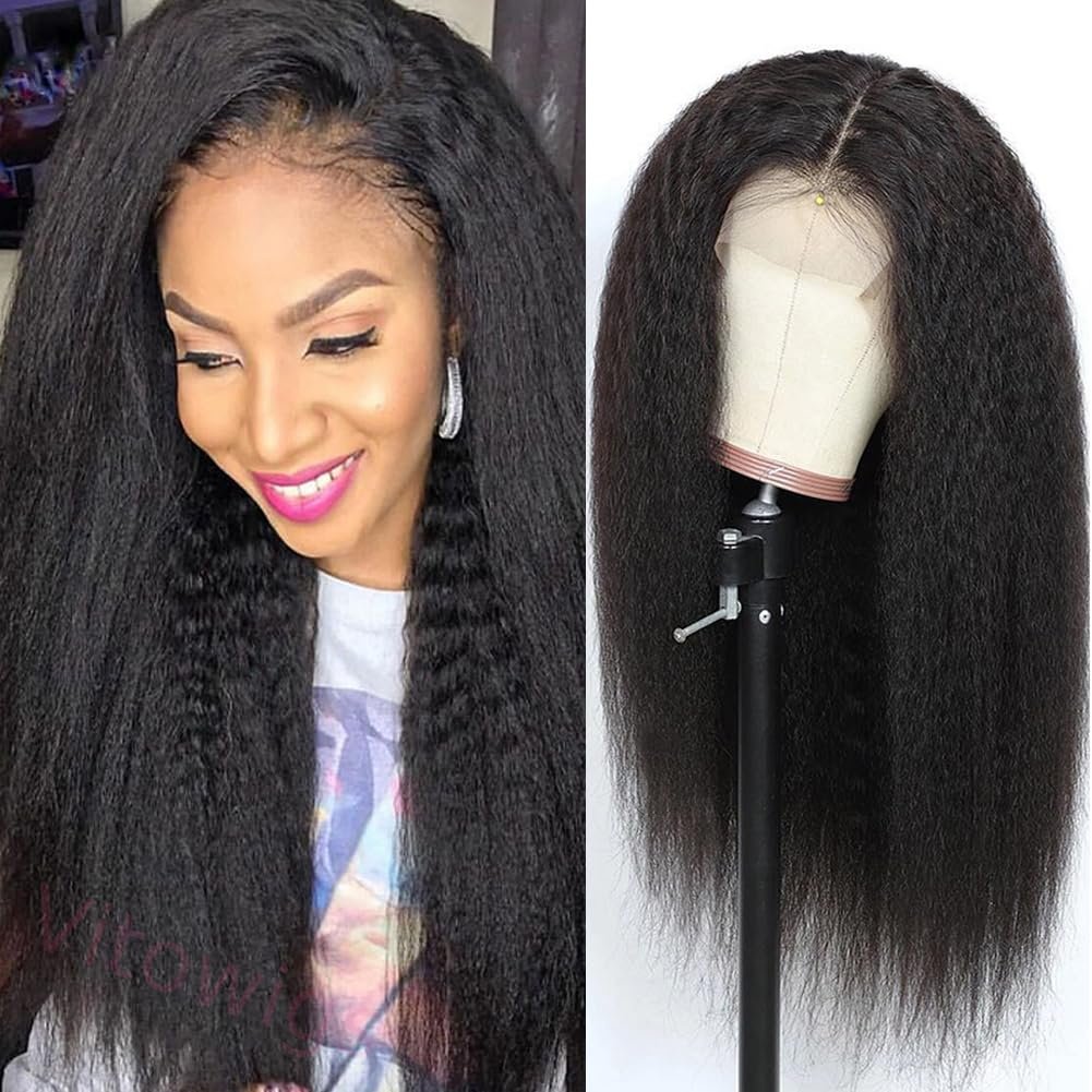 Glueless Kinky Yaki Straight Brazilian Black Long Wigs