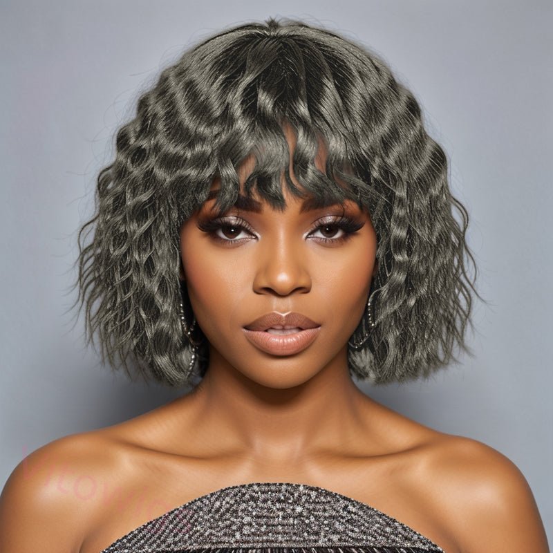Salt and Pepper  Curly Hair Wig With Bangs Glueless Wigs