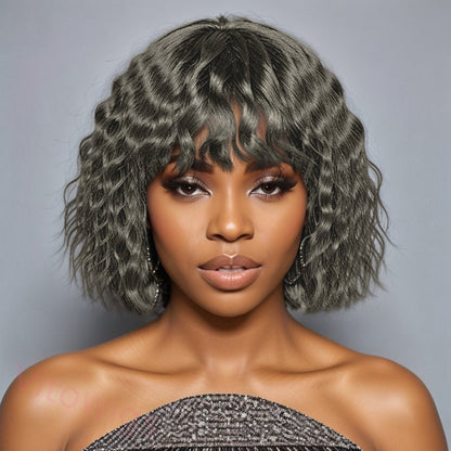 Salt and Pepper  Curly Hair Wig With Bangs Glueless Wigs