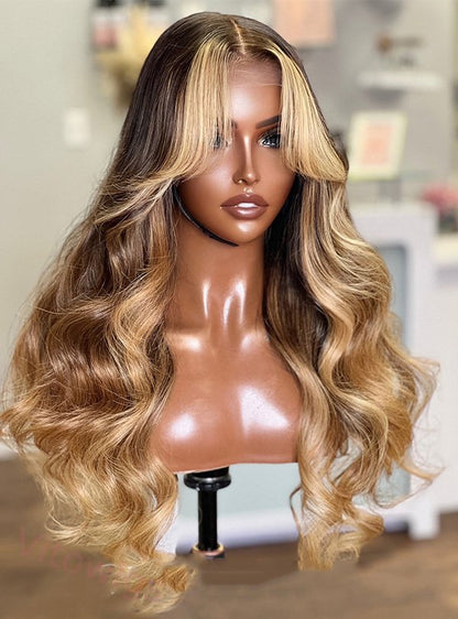 Glueless Highlight Brown Mixed Gold Long Body Wavy Hair Wig