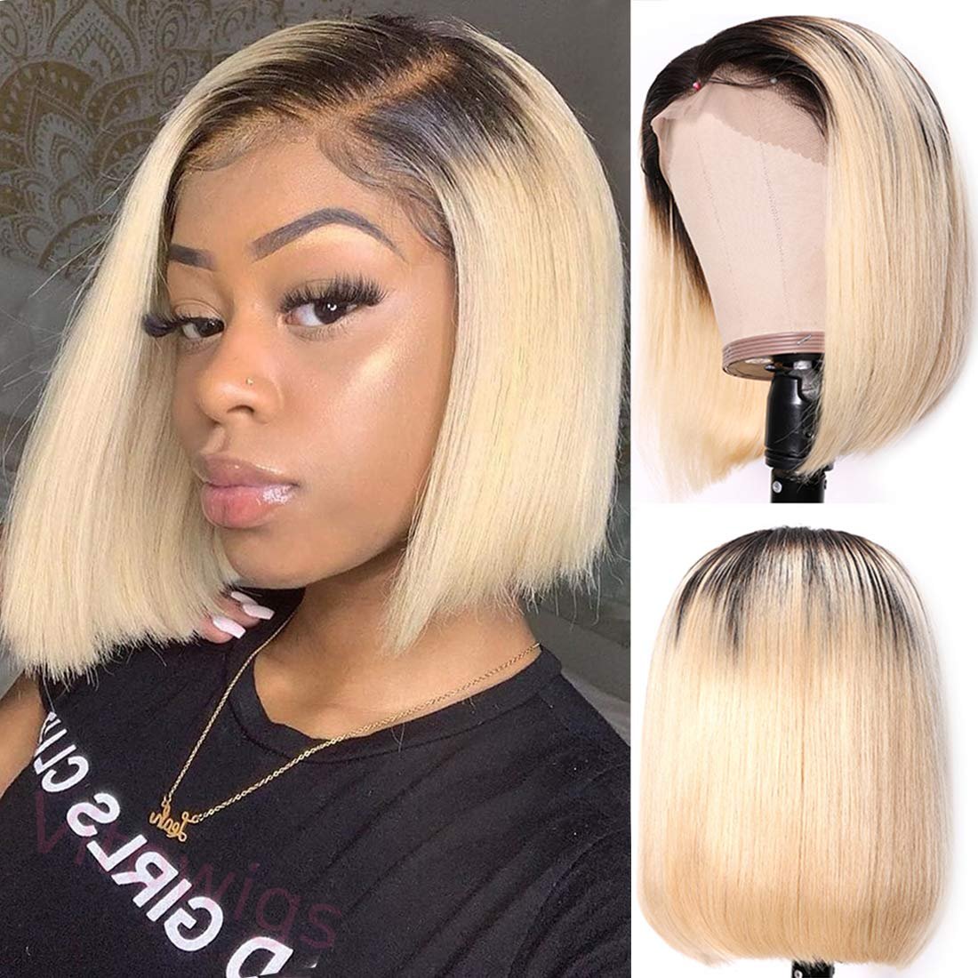 Ombre Blonde Centre Parting Short Bob Hair Staight Wigs