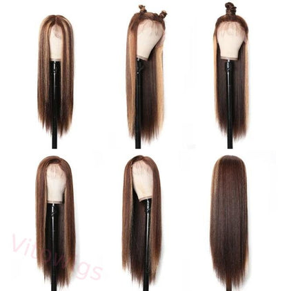 Hightlight Brown Mixed Blonde Long Hiar Wig Straight Wig