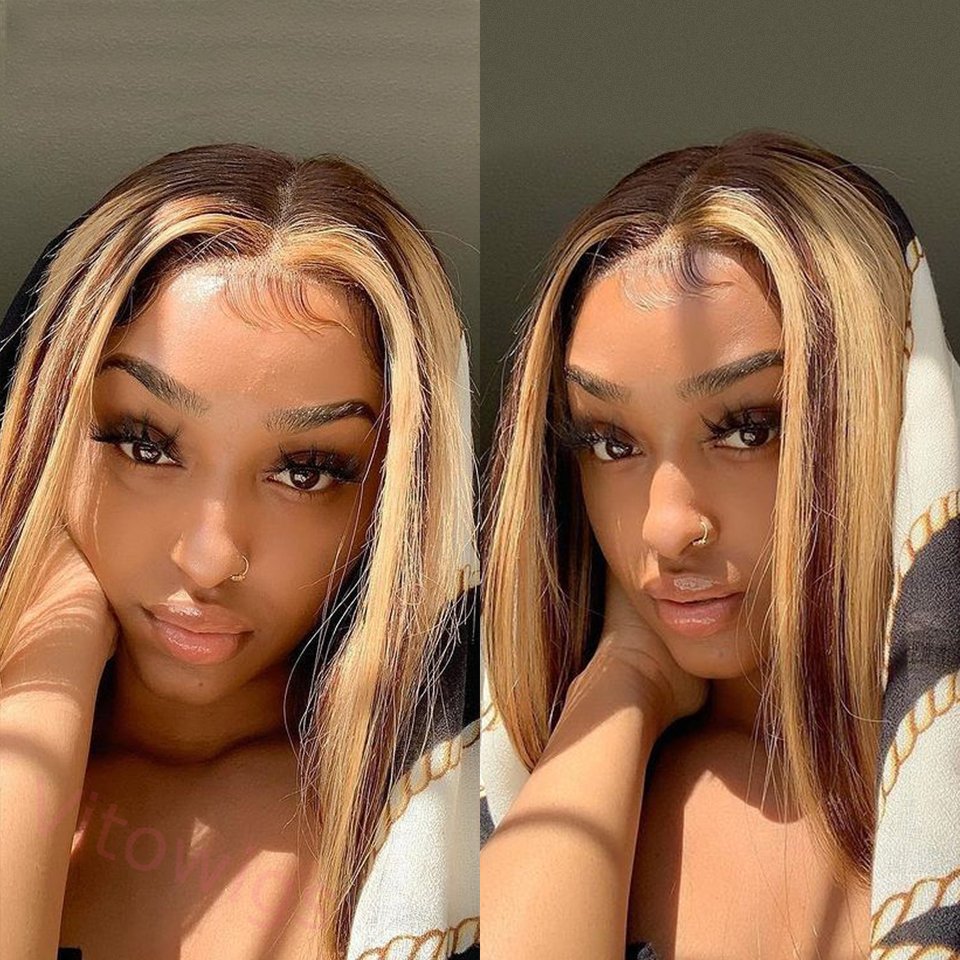 Straight Bob Wig Brown Mixed Blonde Highlights Wig