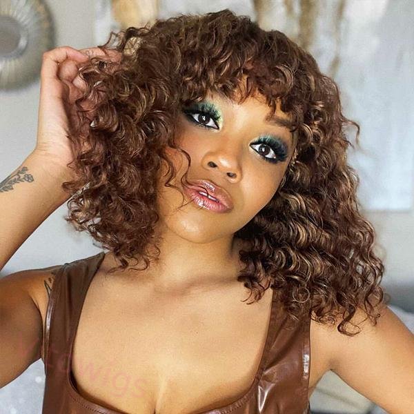 Brown Brazilian Remy Curly Hair Wig With Bangs Glueless Wigs