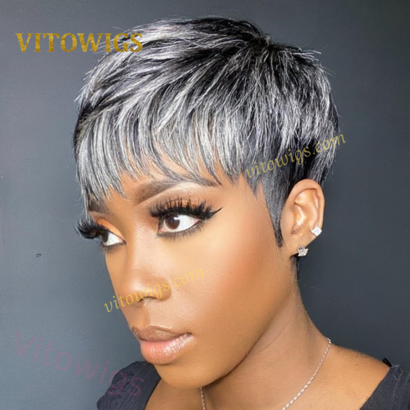 Glueless Salt and Pepper Short Straight Pixe Cut Hair