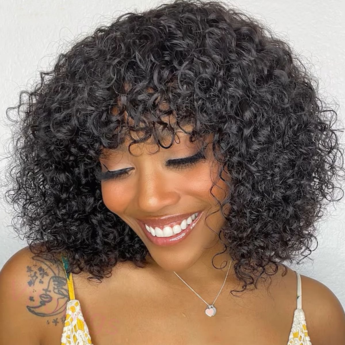 Brown Brazilian Remy Curly Hair Wig With Bangs Glueless Wigs