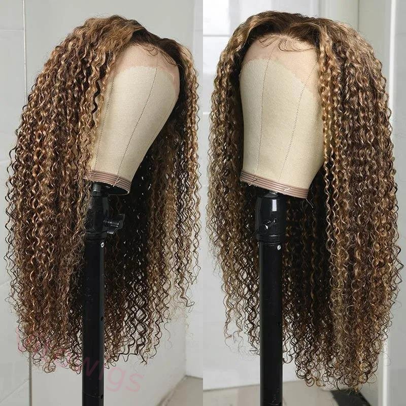 Hightlight Brown Mixed Blonde Brazilian Water Wave Long Hair Curly Wig