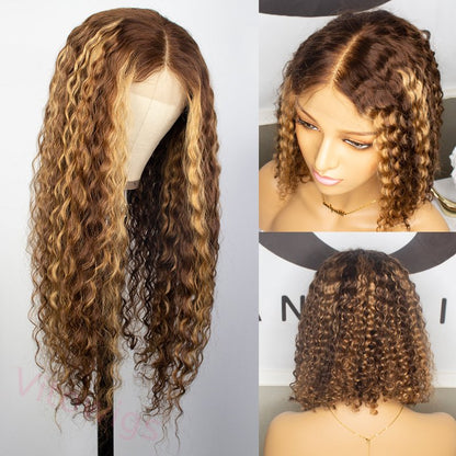 Glueless Hightlight Mixed Blonde Brazilian Long Hair Curly Wig