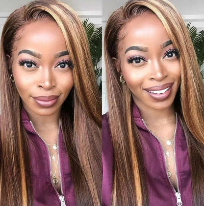 Hightlight Brown Mixed Blonde Long Hiar Wig Straight Wig