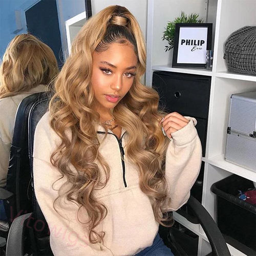 Glueless Black Gradient Gold Long Wave Wigs