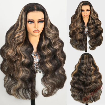 Glueless Brown Mixed Blonde Highlights Loose Wave Long Wig